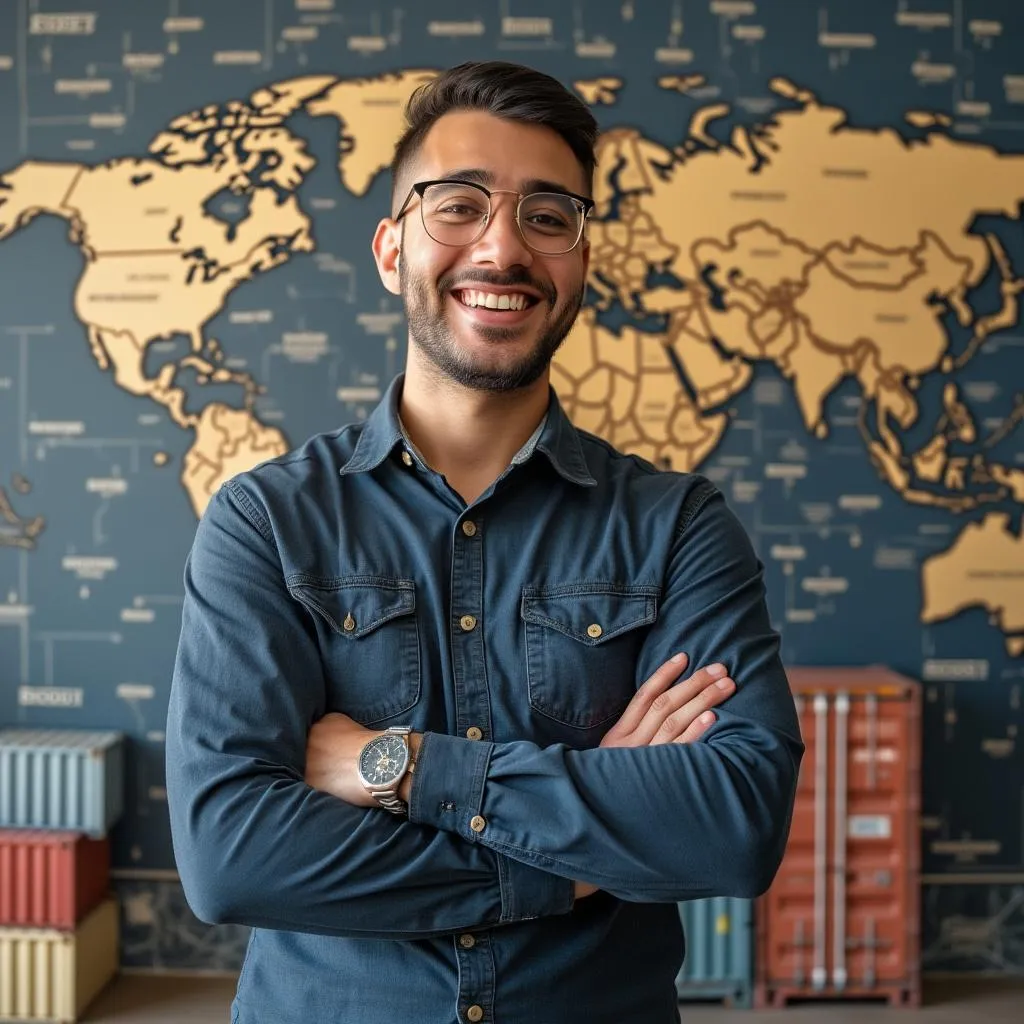 Empresario Pyme sonriendo con contenedores de fondo